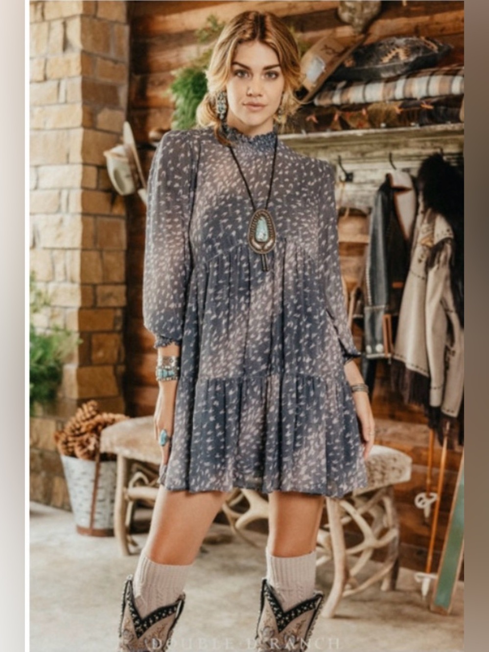 Double D Ranch winter axis print western tiered mini dress size large
